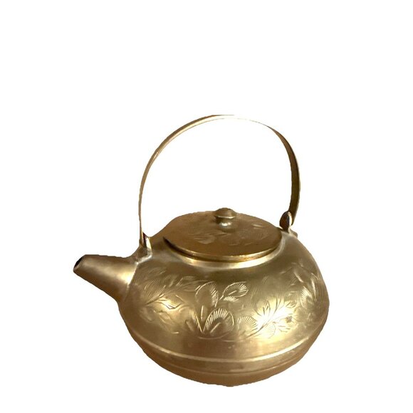 Other - Vintage Small Etched Brass Teapot India 3" Brass Floral Decor Bronze Handle